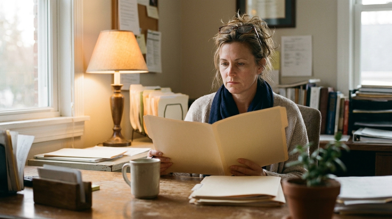 Practice manager at a behavioral health group practice reviewing a records request folder