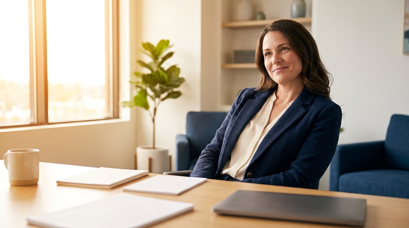 Psychiatric nurse practitioner at her desk in a clinic office before a new patient evaluation