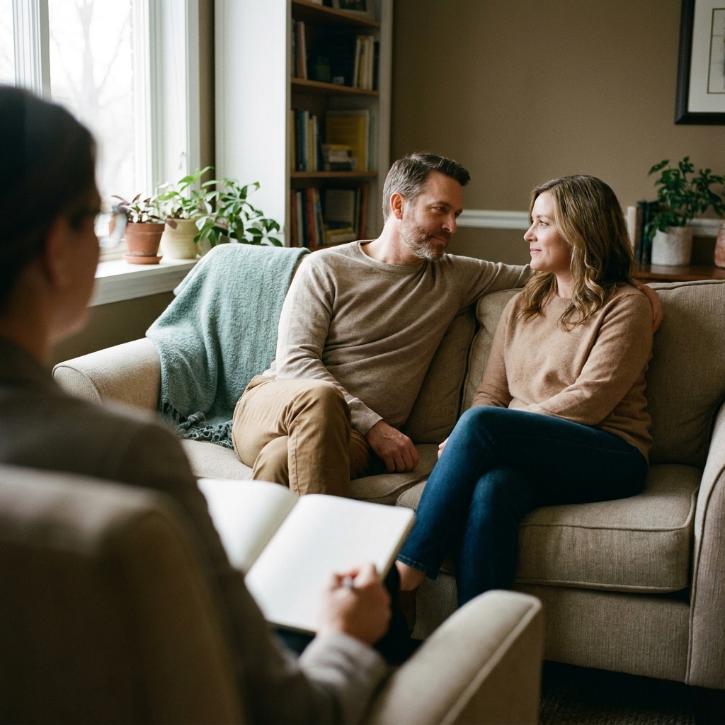 Clinician meeting with a patient's parents to discuss the treatment plan