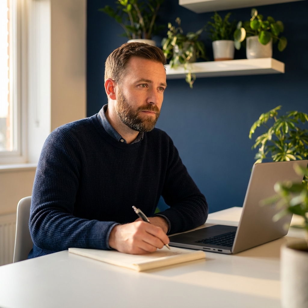 Clinician writing up a session note at a desk after a crisis session