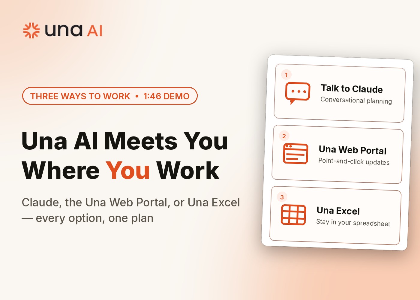 Una AI meets you where you work — Talk to Claude, Una Web Portal, or Una Excel. Click to watch the demo video.
