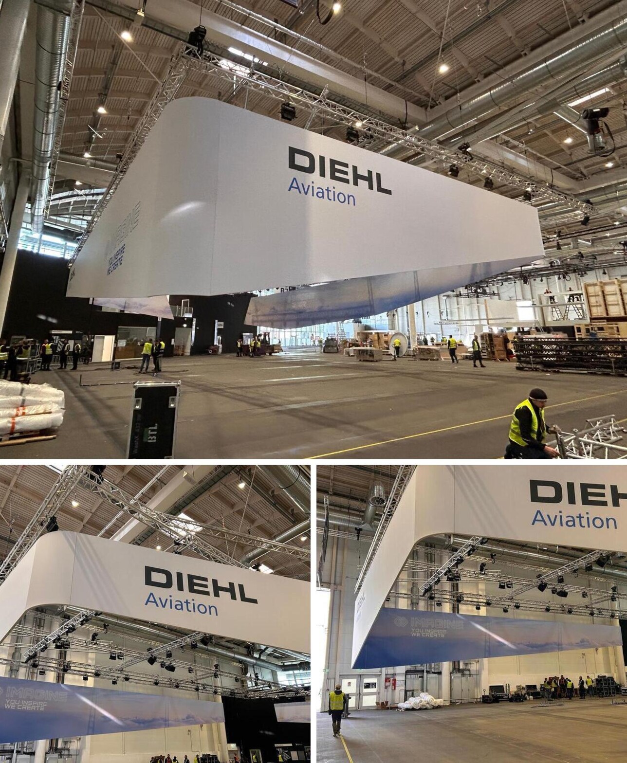 Montage der umlaufenden Deckenblende des Diehl-Aviation-Stands in der Messehalle Hamburg, April 2026