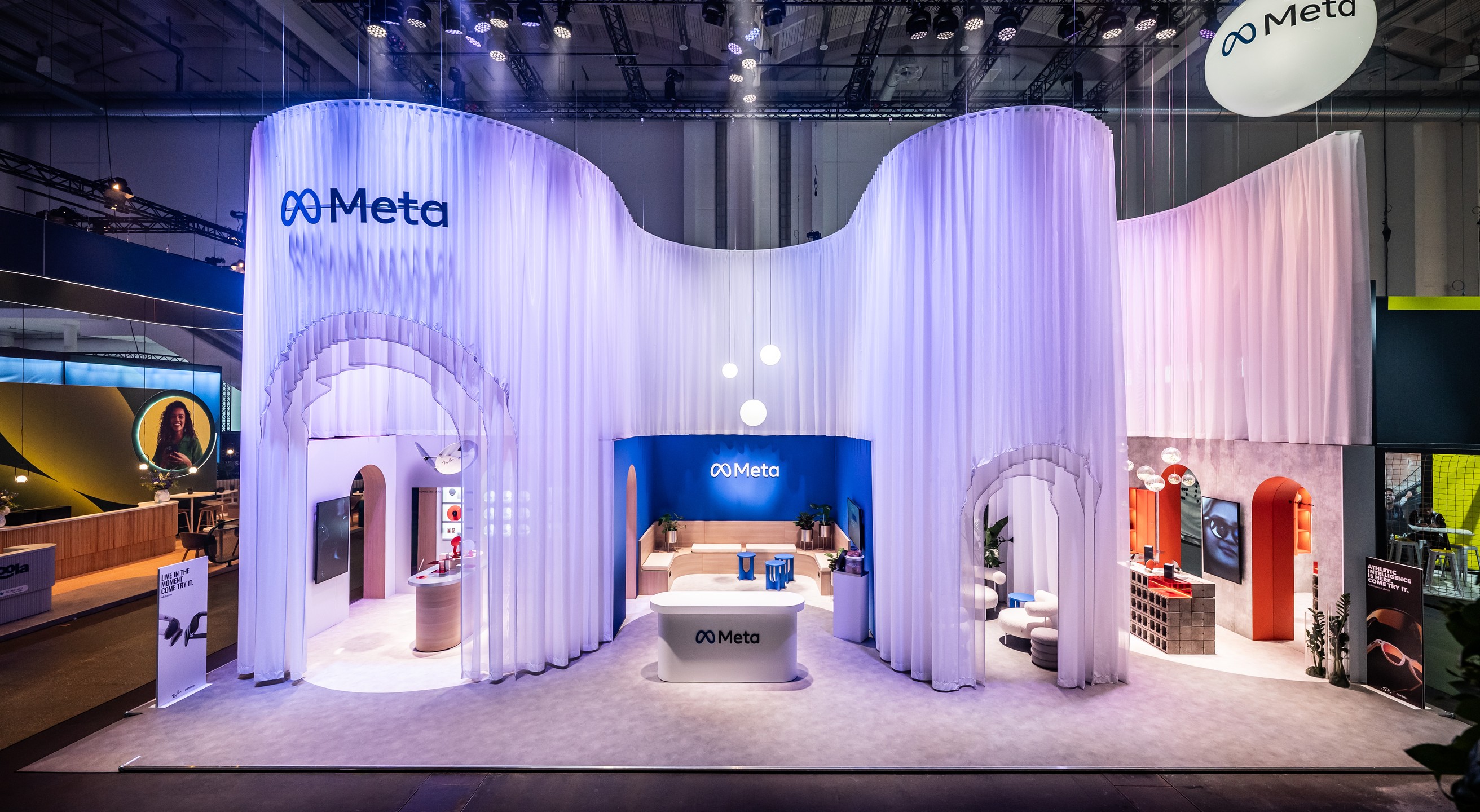 Space-defining textile fabric construction of draped curtains for the Meta booth at OMR 2026