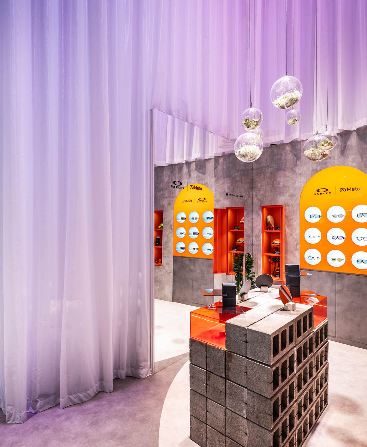 Vertical view of the multi-layer curtain construction at the Meta booth