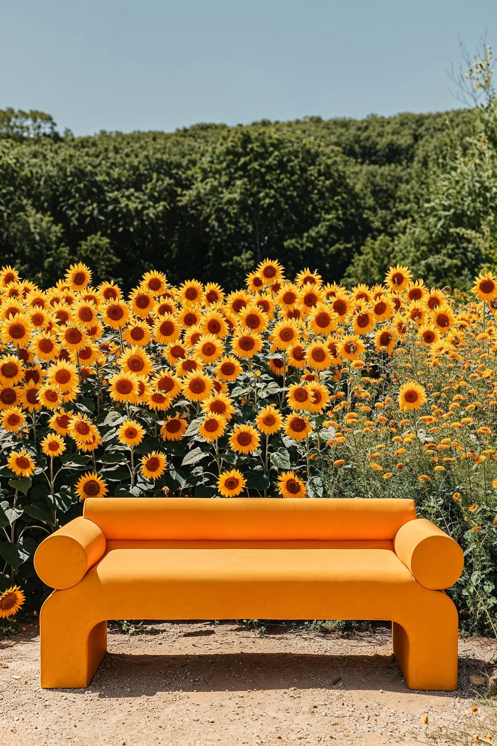 Modern orange bench positioned on dirt ground in front of a dense field of blooming sunflowers.