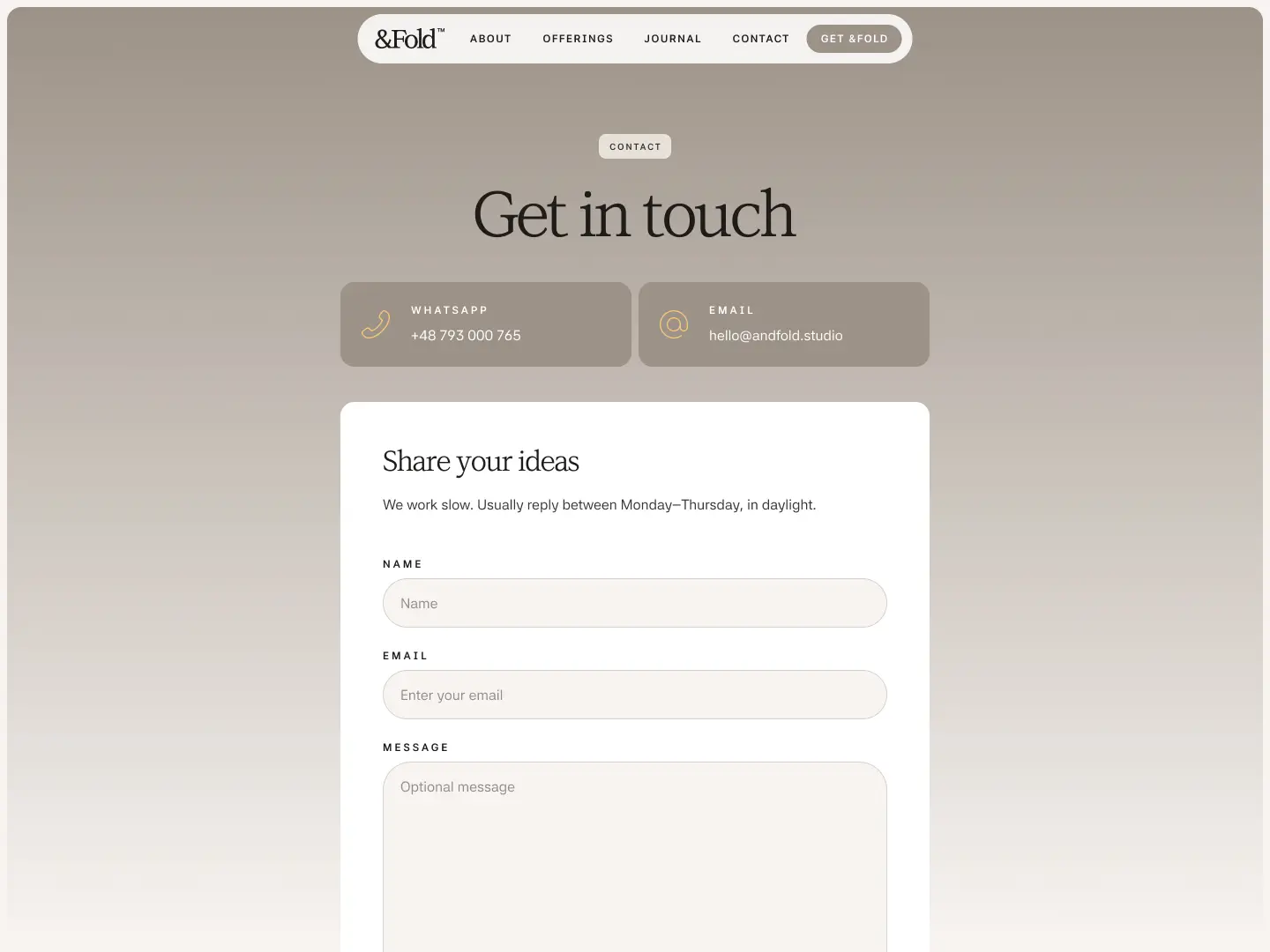 Contact page with &Fold logo, navigation menu, WhatsApp and email contact info, and a form to share ideas including fields for name, email, and message.