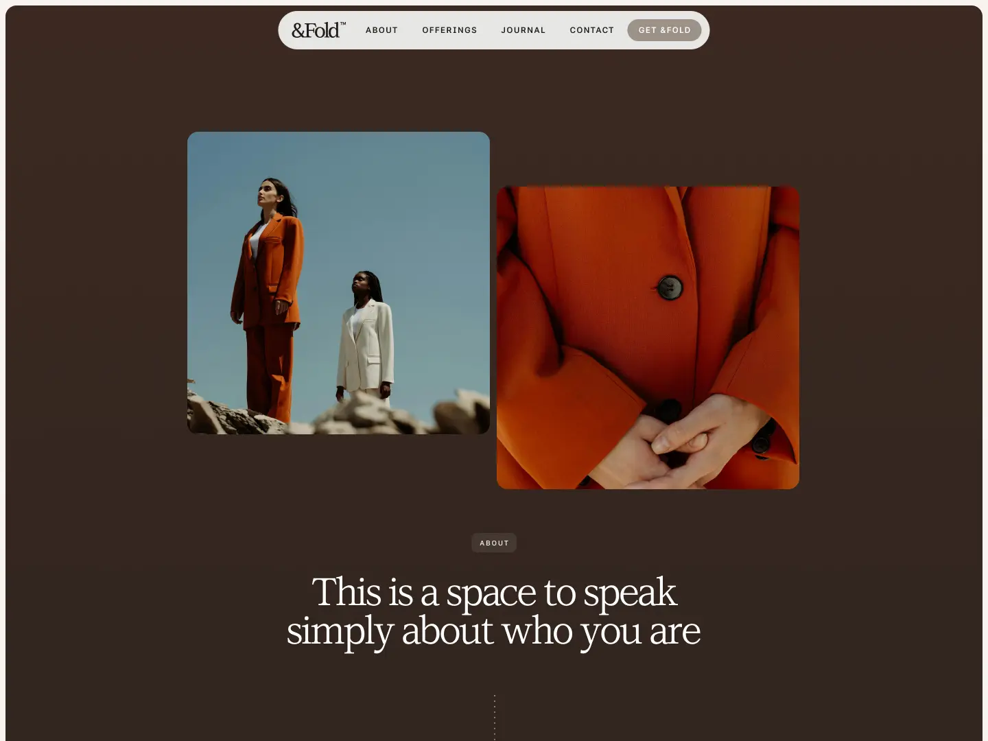 Two women in tailored suits standing outdoors against a clear blue sky; one in an orange suit and the other in a white suit, with a close-up of hands clasped over an orange coat in a separate image.