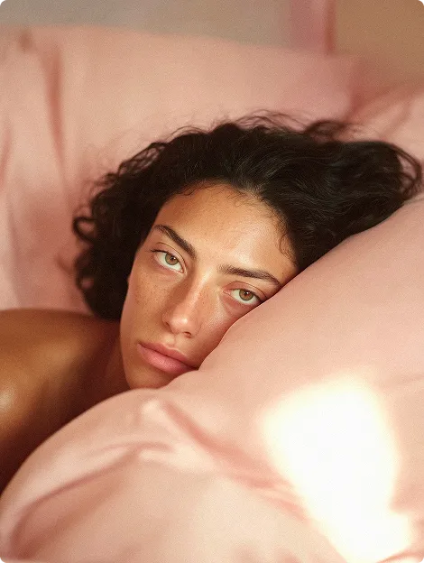 Close-up of a woman with curly dark hair resting her head on a soft pink pillow with a calm expression.