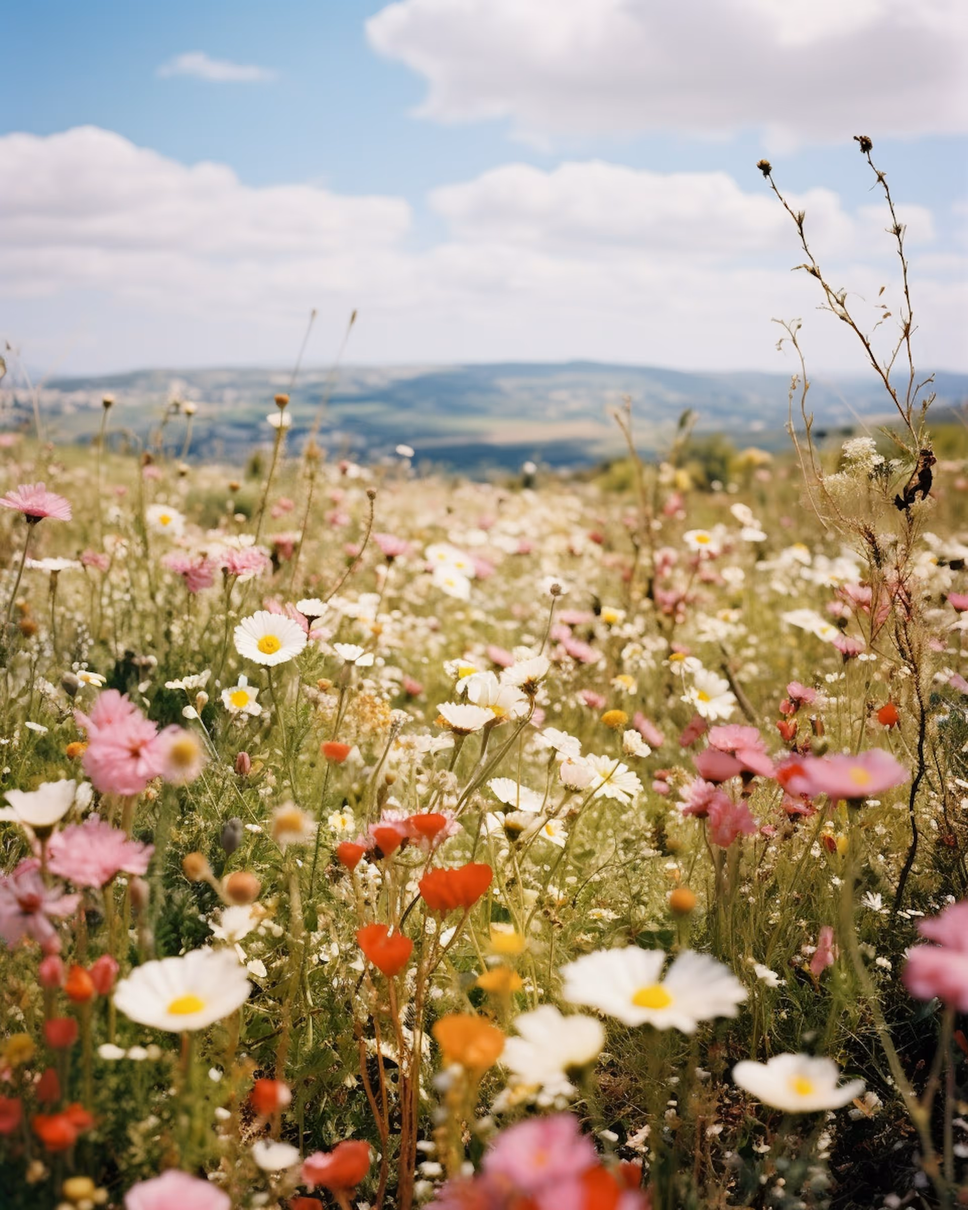 Sunlit wildflower meadow with white, pink, and red flowers under a partly cloudy sky and distant hills.