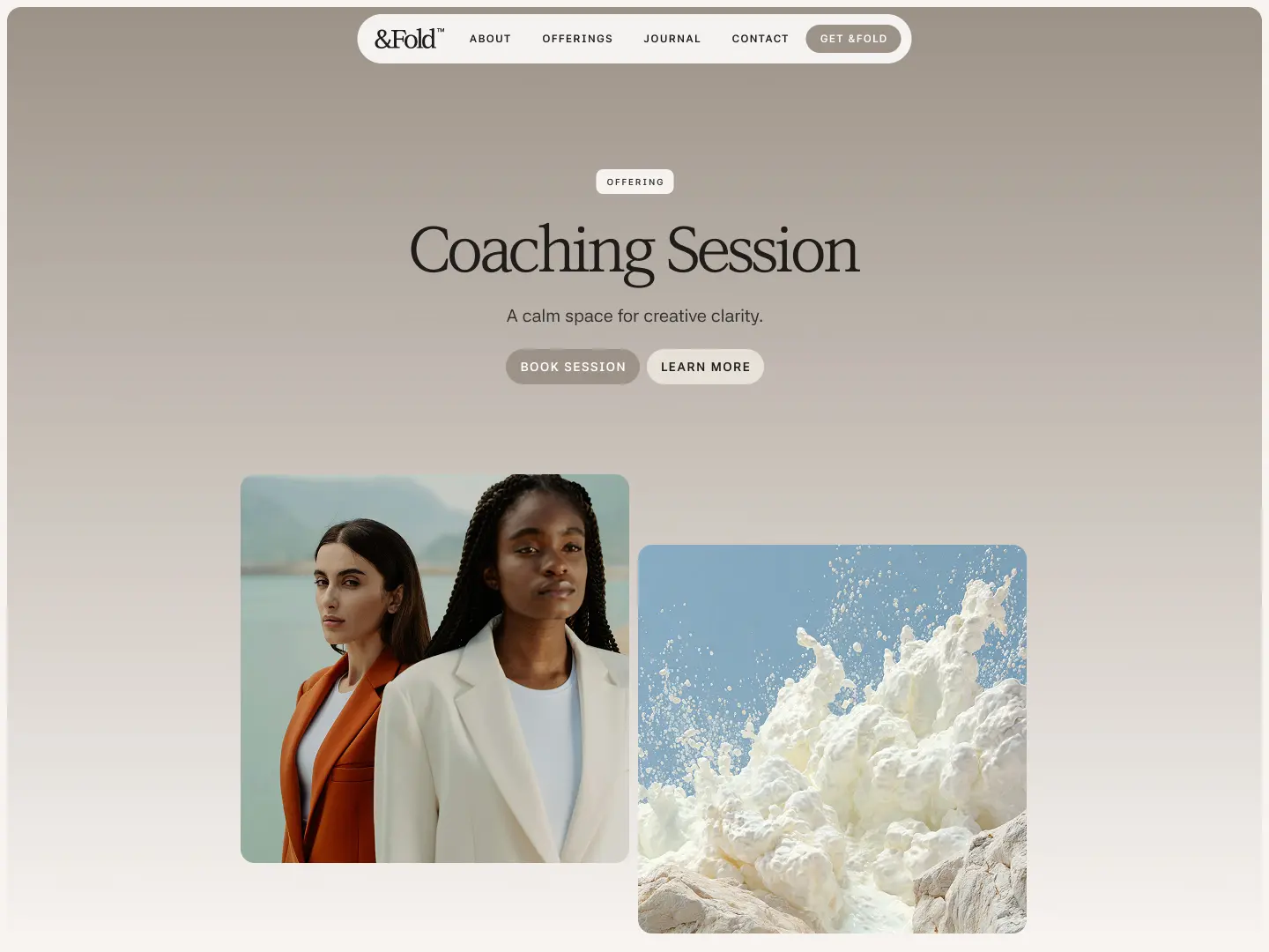 Website section titled Coaching Session with two women in blazers and ocean waves splashing on rocks.