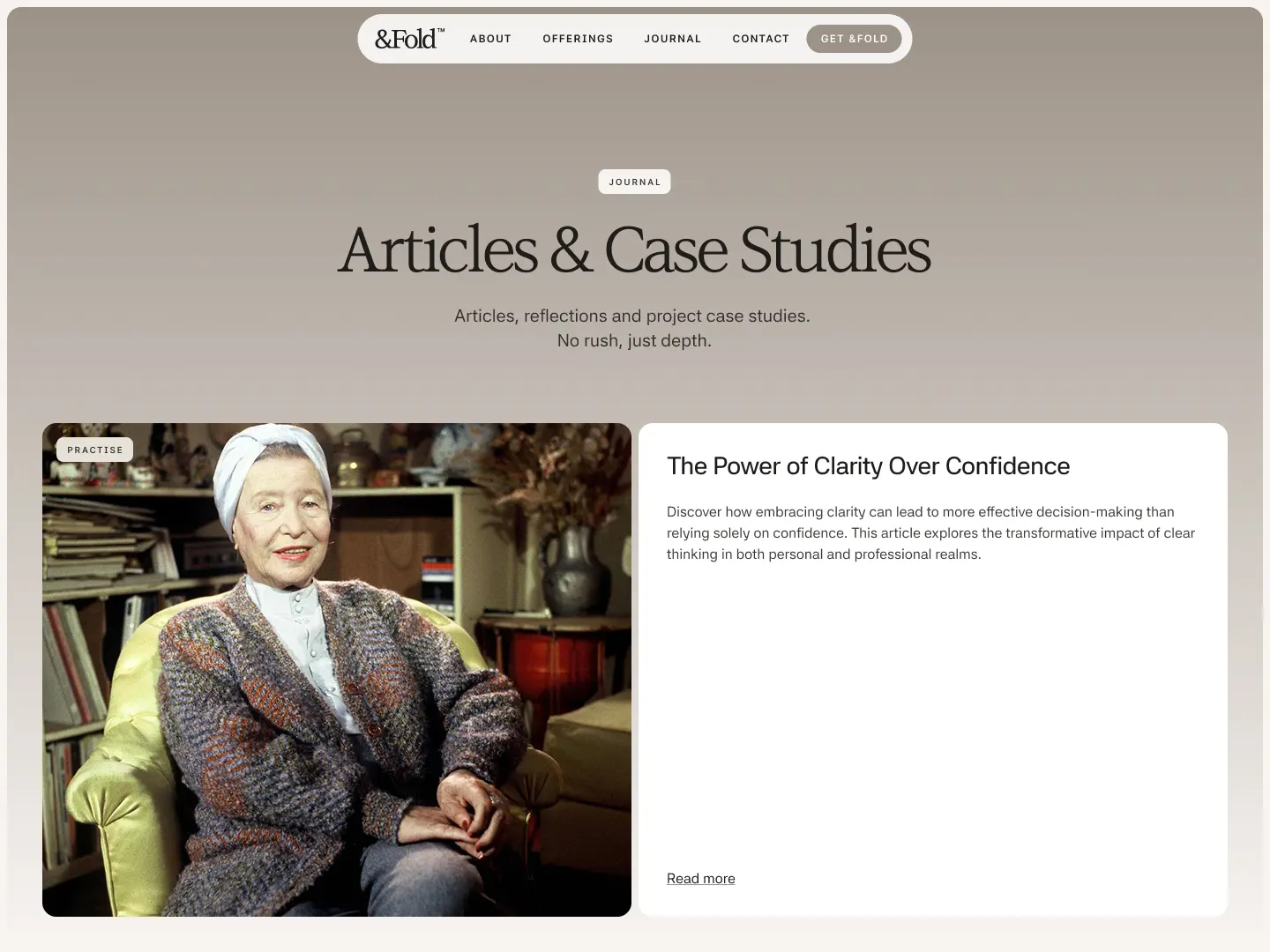 Website section showing an elderly woman in a chair labeled 'PRACTISE' and an article titled 'The Power of Clarity Over Confidence' about effective decision-making.