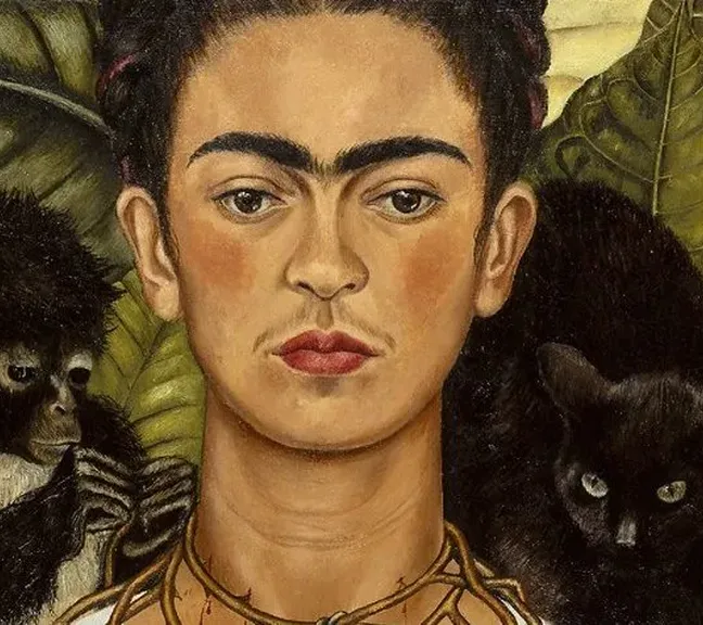 Portrait of a woman with distinctive thick eyebrows and a mustache, flanked by a black monkey on the left and a black cat on the right, set against large green leaves.