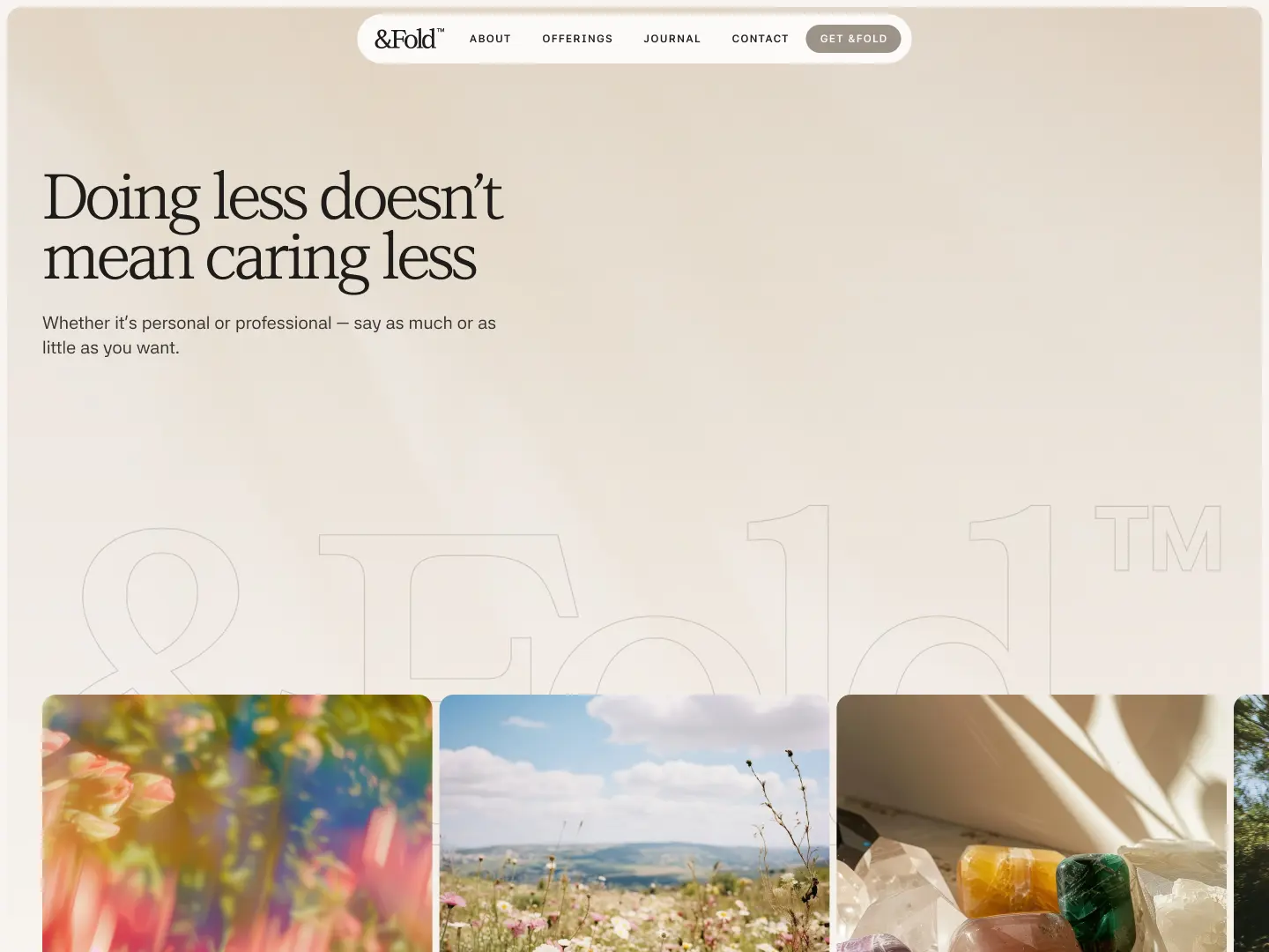 Website header with the text 'Doing less doesn’t mean caring less' and images of flowers, a landscape, and colorful crystals below.