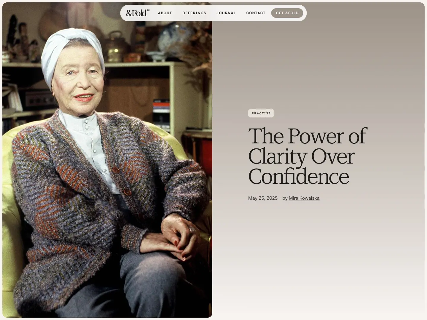 Elderly woman in a white headscarf and knitted cardigan seated, alongside text titled 'The Power of Clarity Over Confidence' by Mira Kowalska dated May 25, 2025.