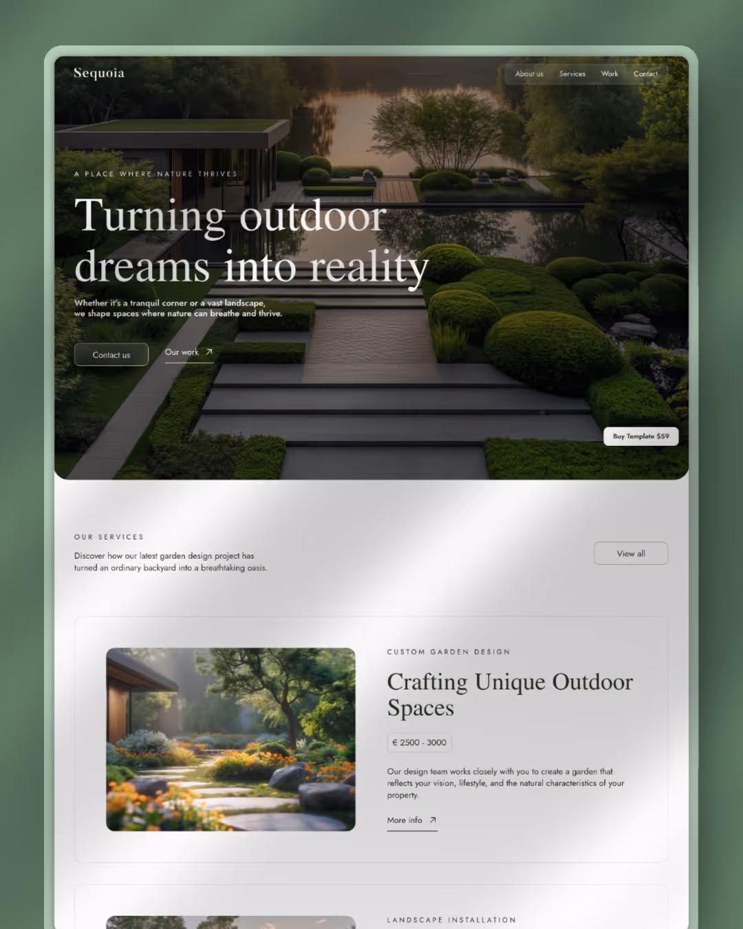 A luxurious, high-contrast website for a garden design studio named Sequoia, featuring large-scale photography of a modern tranquil pool and garden at dusk.