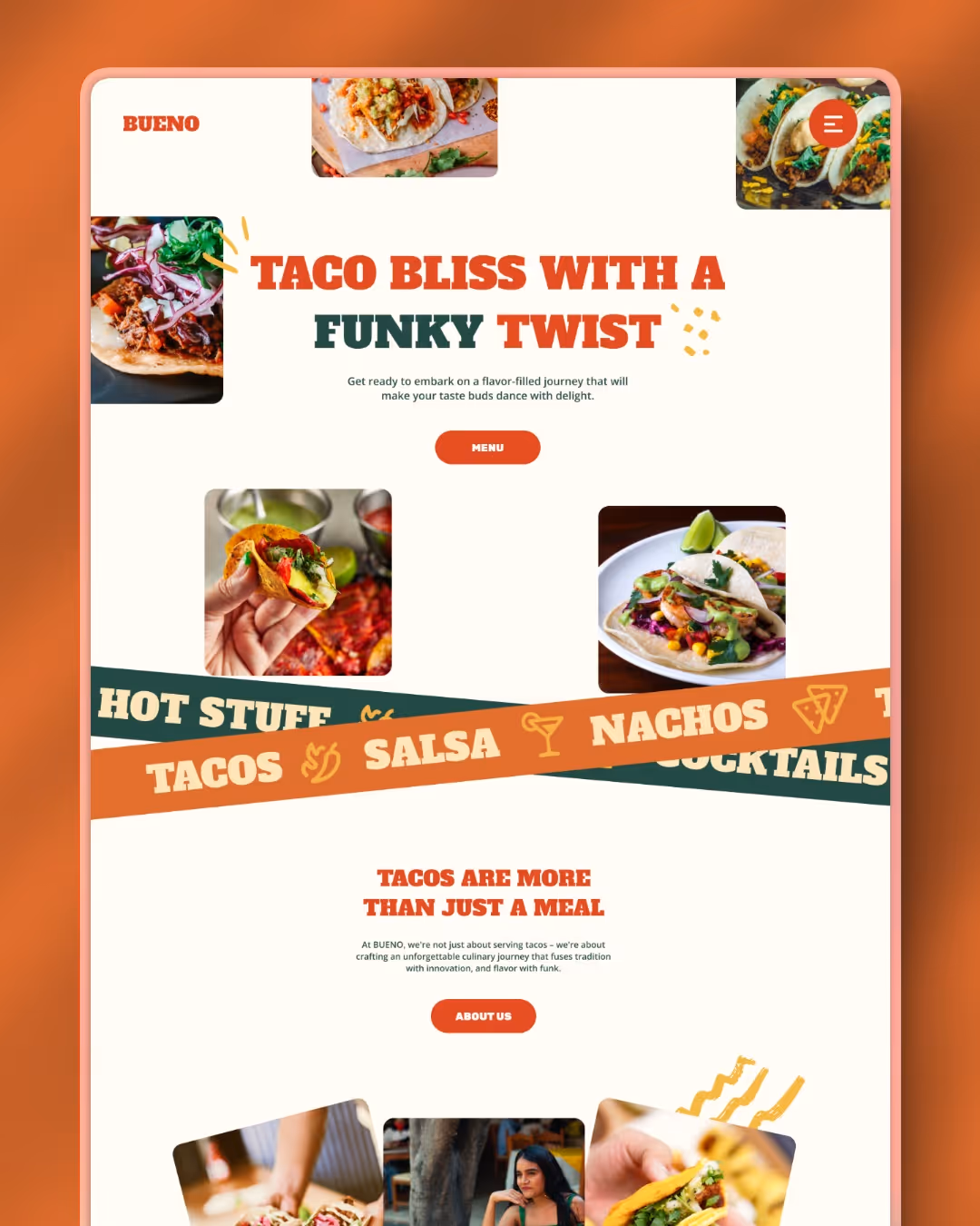 A funky, vintage-style restaurant website for 'Bueno' featuring warm earth tones, bold retro typography, and dynamic photography of tacos.