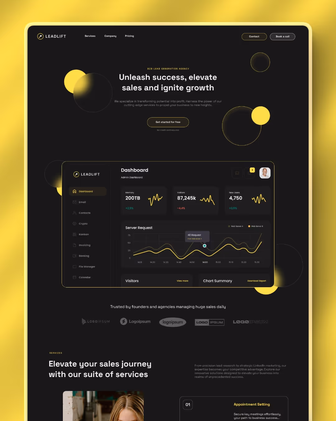 A sleek, dark-themed landing page for 'Leadlift' featuring a central dashboard UI with analytics charts, visitor stats, and server request data with yellow accents.