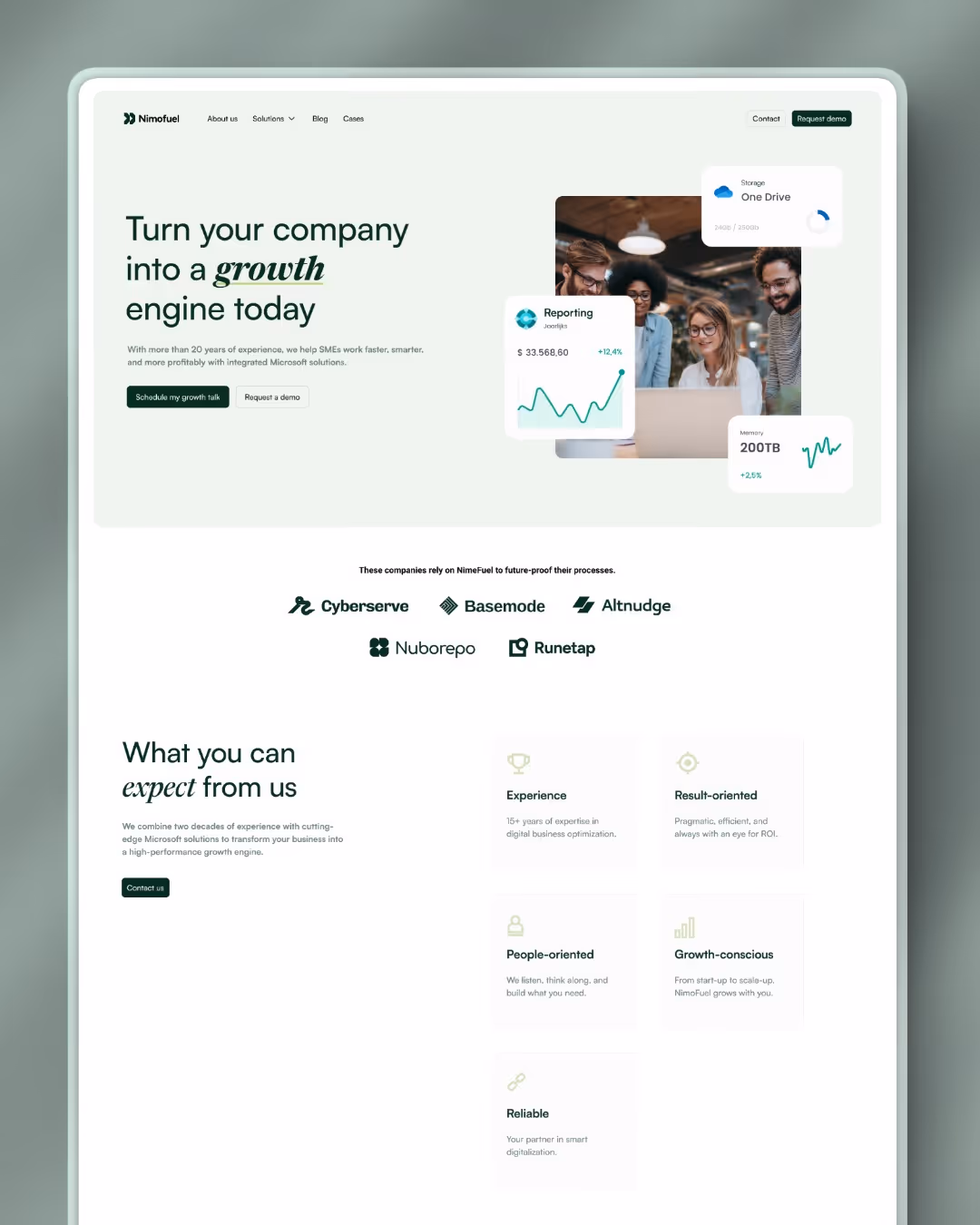 A clean, professional corporate landing page for Nimefuel featuring data visualization widgets, growth charts, and integration icons for OneDrive and Reporting.