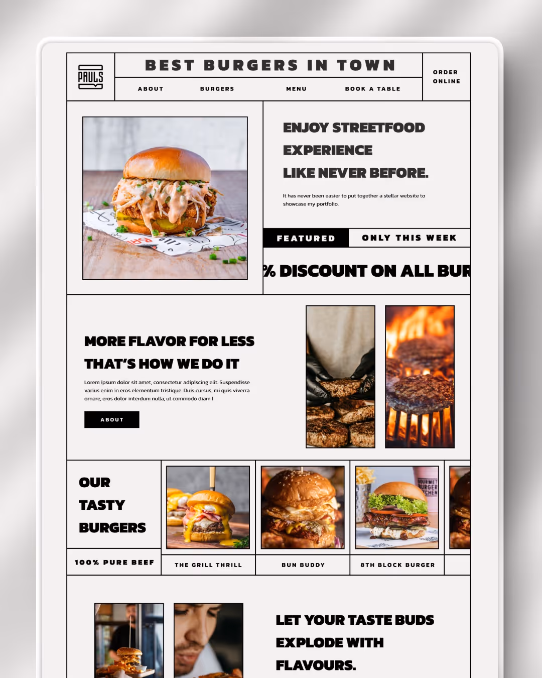 A bold, "brutalist" bento-style layout for a burger restaurant named Paul's, using thick black borders and high-quality food photography.