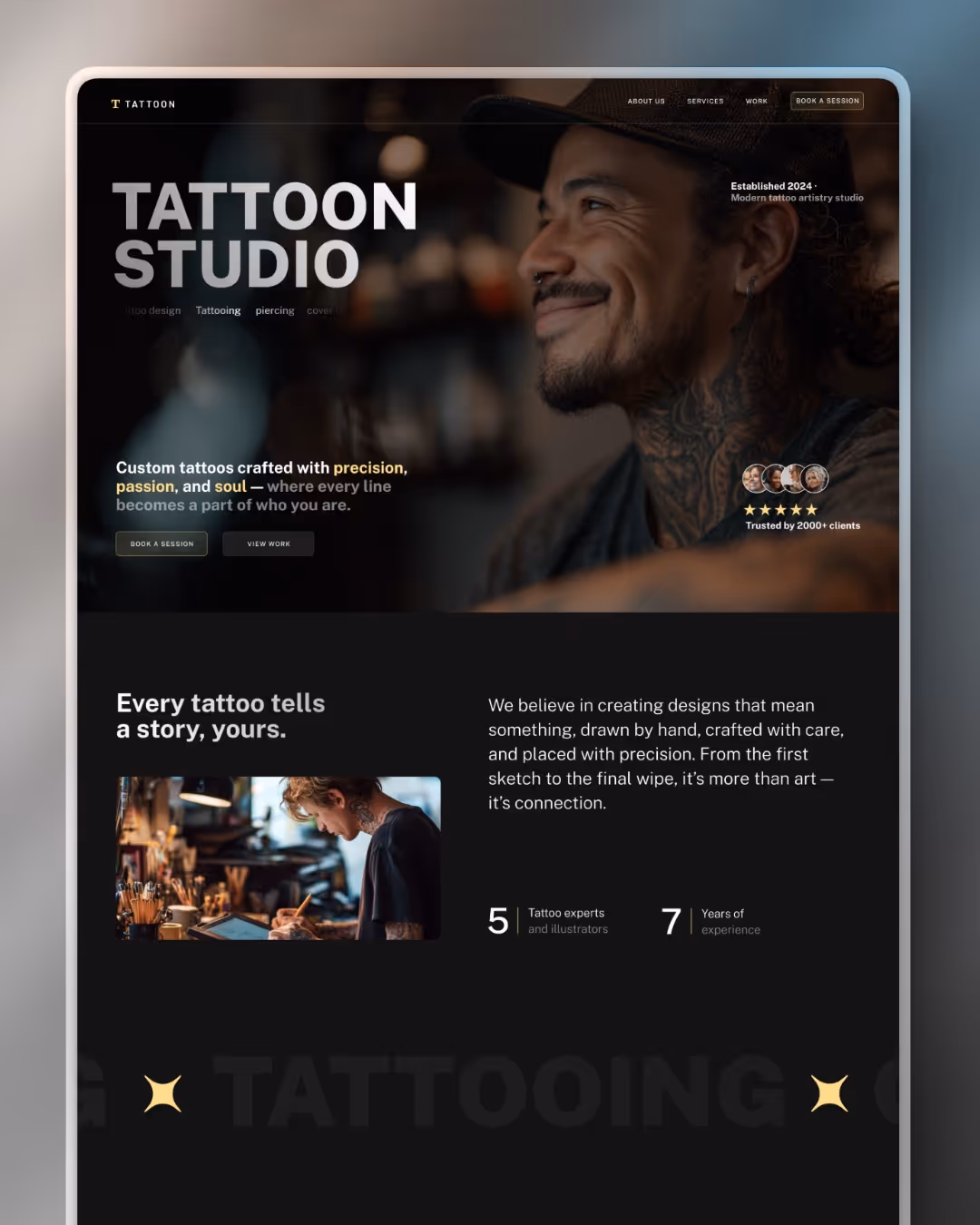 A moody, high-end dark mode website for a tattoo studio, featuring a large hero portrait of a tattooed artist and gold accent typography.