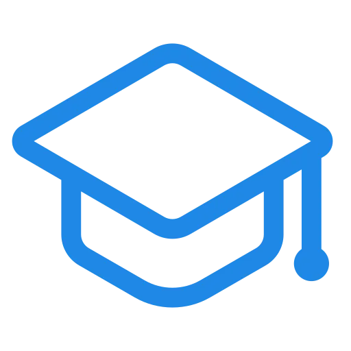 Blue outlined graduation cap icon with a tassel on the right side.