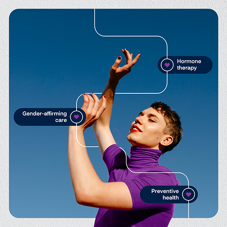 Person wearing a purple turtleneck posing with raised arms against a clear blue sky, with text labels highlighting Hormone therapy, Gender-affirming care, and Preventive health.