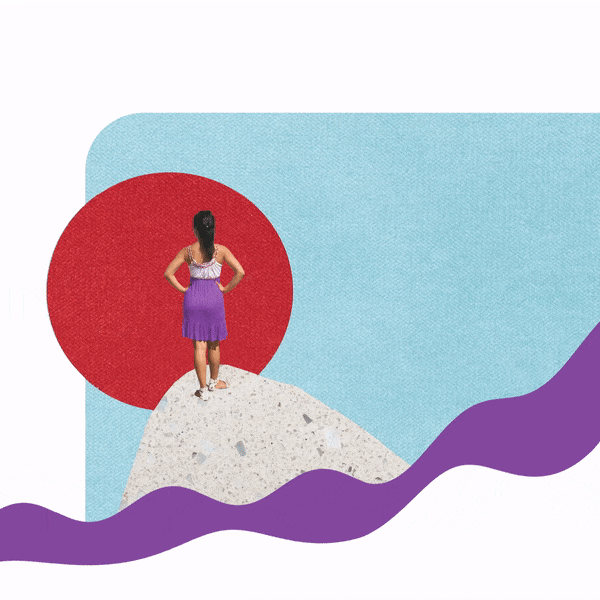 Animation of a woman in a purple dress standing on a rock, facing a large red circle with a blue background and a purple wavy shape at the bottom.