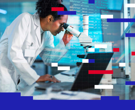 Scientist in a white lab coat looking through a microscope with computer code overlayed in a laboratory setting.