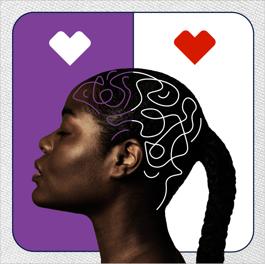 Side profile of a woman with closed eyes and a braided ponytail, overlaid with abstract white and purple brain-like lines, set against a split purple and white background with contrasting heart icons.