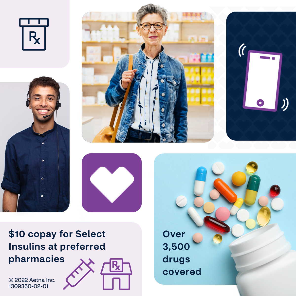 Collage including a smiling man with a headset, an older woman with glasses in a pharmacy, various healthcare icons, and spilled colorful pills with text about copay and drug coverage.