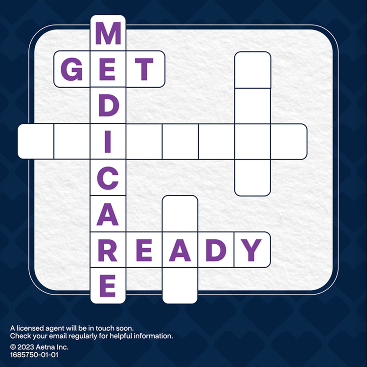 Crossword puzzle with words 'GET', 'MEDICARE', and 'READY' filled in purple letters on a white background and a navy patterned border.