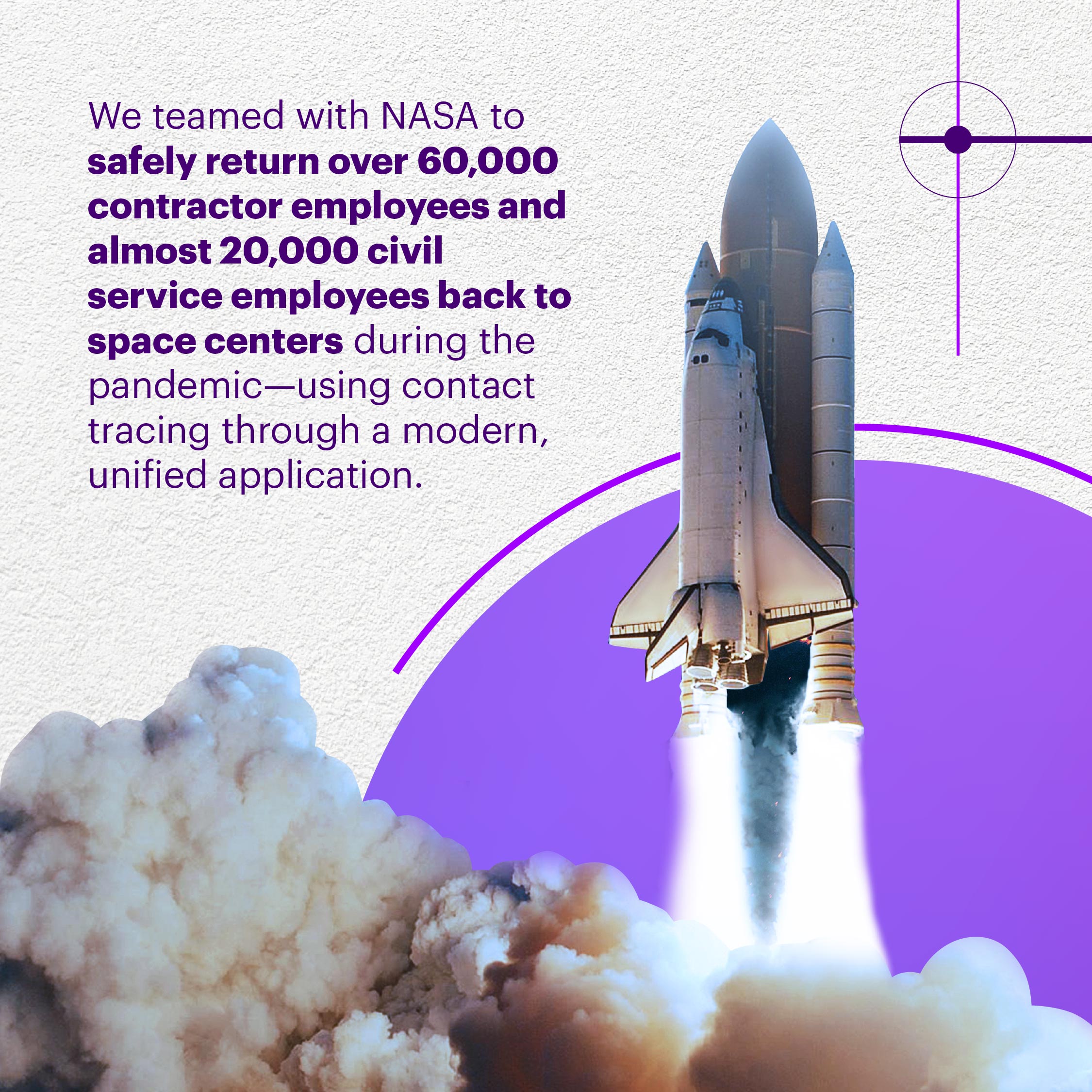 Space shuttle launching with plumes of smoke and purple graphic background beside text about NASA returning employees to space centers during the pandemic.