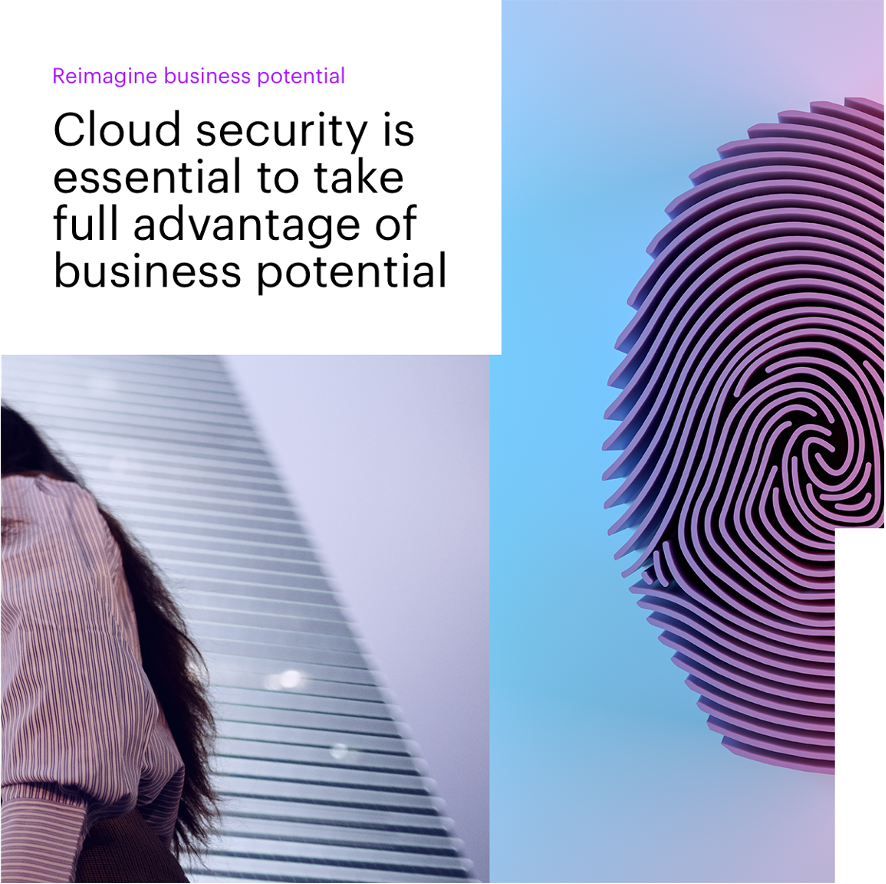 Text reading 'Cloud security is essential to take full advantage of business potential' next to a large purple fingerprint on a blue and purple gradient background.