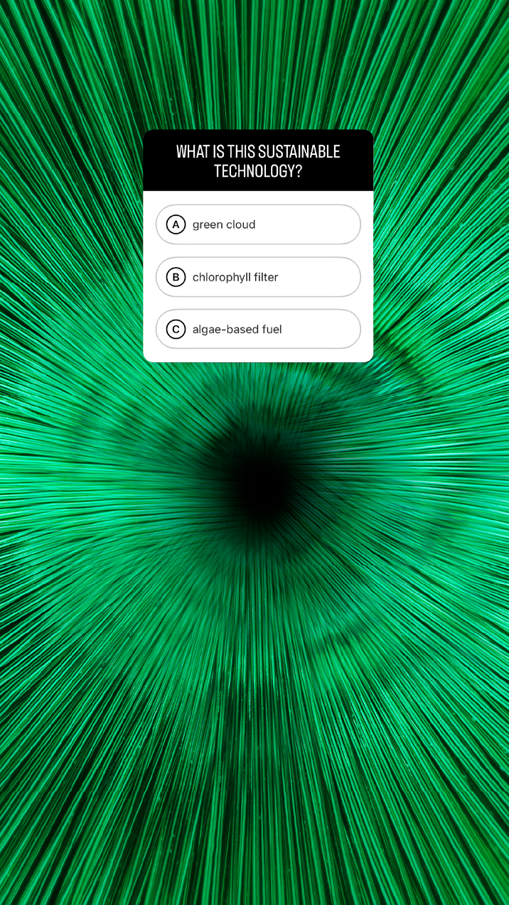 Quiz card asking 'What is this sustainable technology?' with options: A green cloud, B chlorophyll filter, C algae-based fuel on a background of green radial pattern resembling plant cells or fibers.