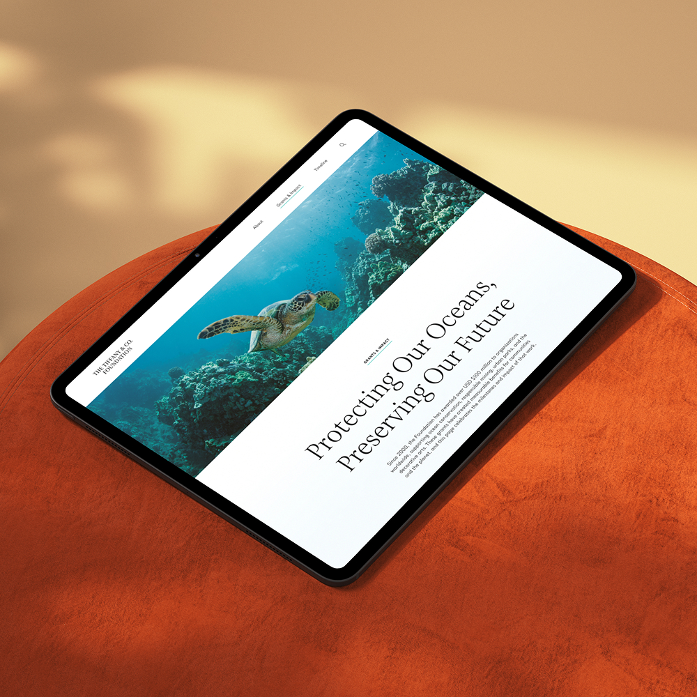 Tablet displaying a website with a sea turtle swimming over coral, titled 'Protecting Our Oceans, Preserving Our Future.'