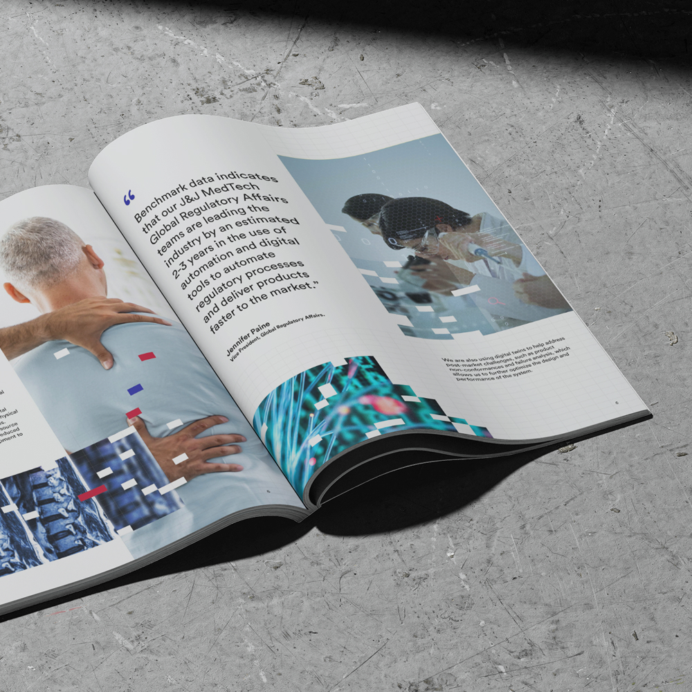 Open magazine on a gray surface showing a person with gray hair supporting another person, a quote about MedTech regulatory affairs, and an image of two people working with a microscope.