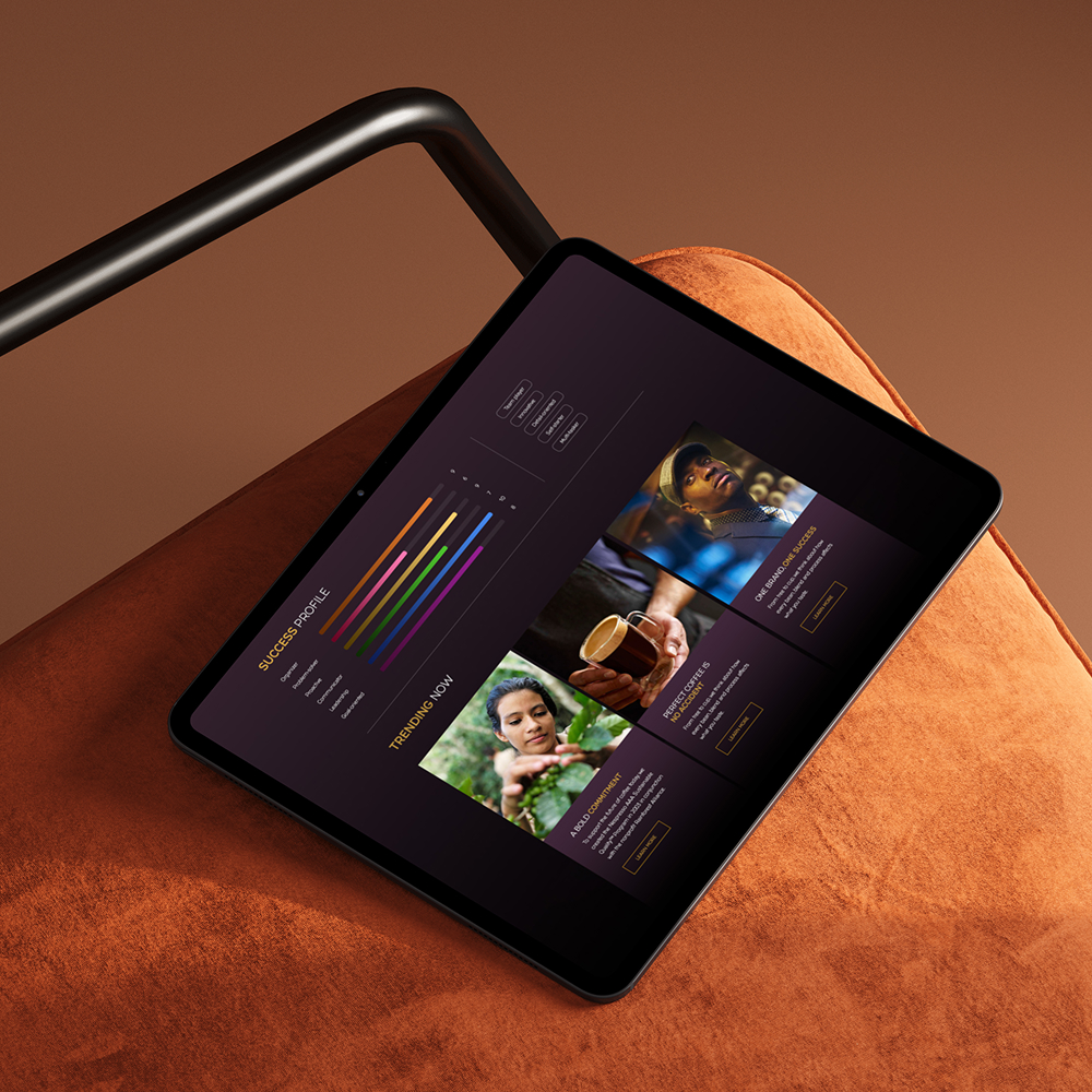 Tablet lying on an orange fabric armchair displaying a dashboard with colored success profile bars and photos about trending topics including coffee.