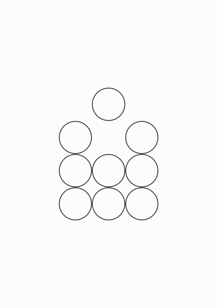 Nine hollow circles arranged in a pyramid shape with one circle at the top and four at the base on a white background.