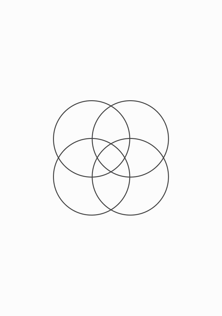 Four thin black circles overlapping each other forming a symmetrical pattern on a white background.