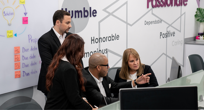 Four business professionals in formal attire collaborating around a computer in an office with motivational words on the walls.