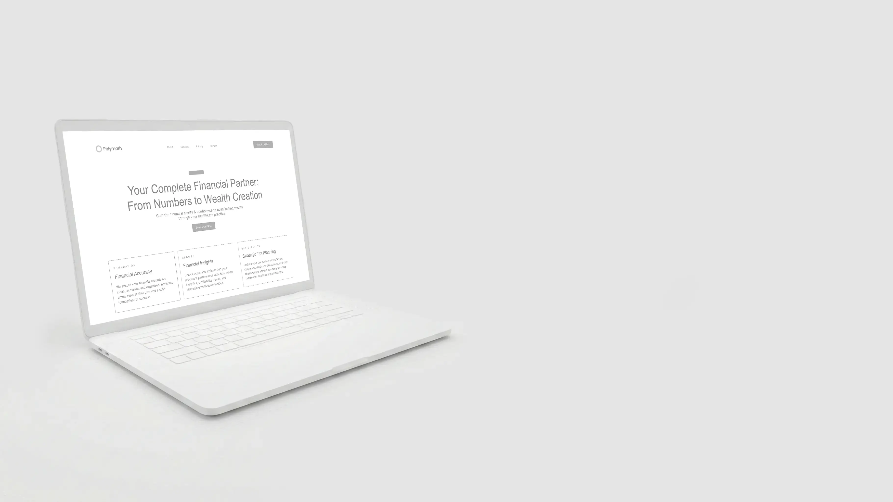 White computer-rendered laptop sitting on a surface