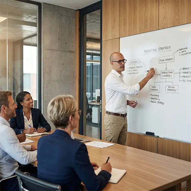 A marketinig executive mapping out a marketing strategy on a whiteboard with a group of executives sitting around, participating. He is wearing a white untucked dress shirt with rolled up sleeves and khaki pants.