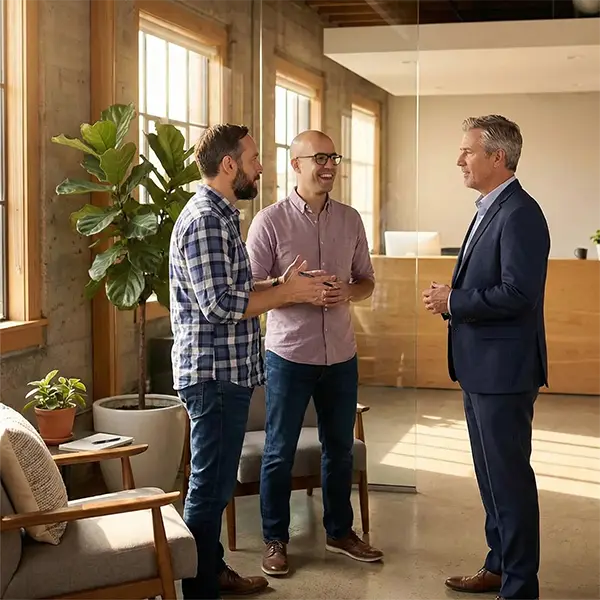 Rise and Rank founding partners José Chacón and Carlos Ochoa talking with an executive