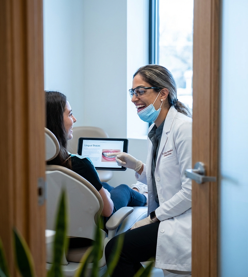 Orthodontist explaining lingual braces treatment to a patient during a consultation at Sharon Orthodontics