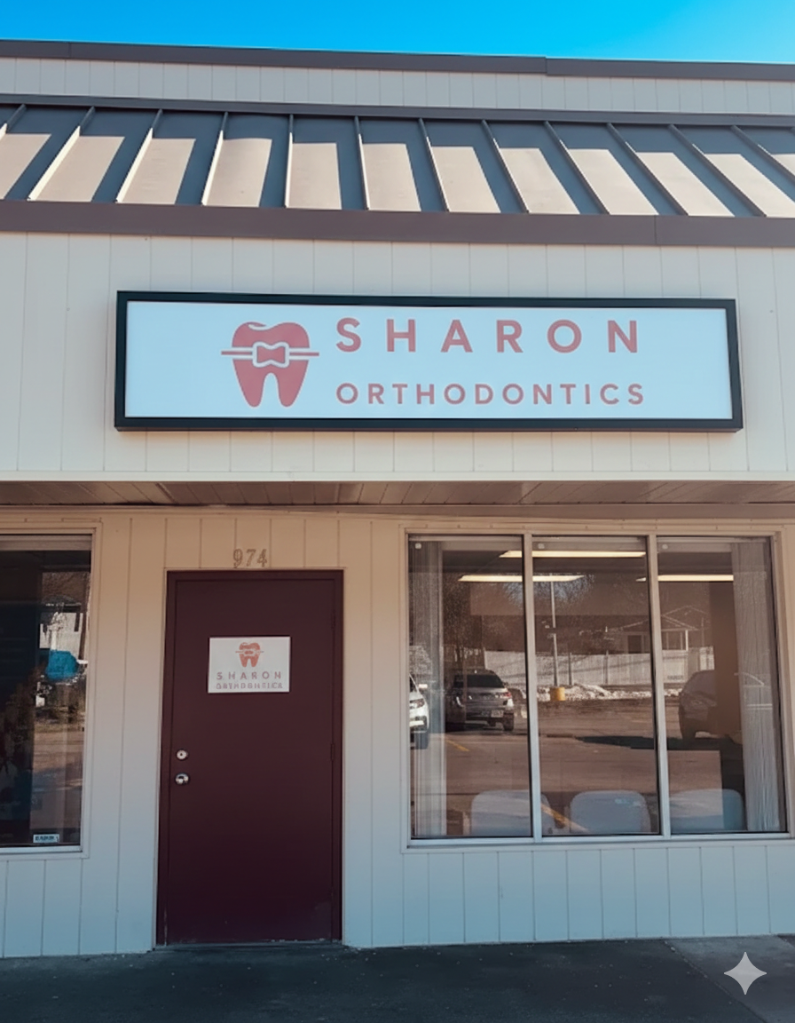 Exterior view of Sharon Orthodontics office building in Sharon, Massachusetts with clinic signage above the entrance