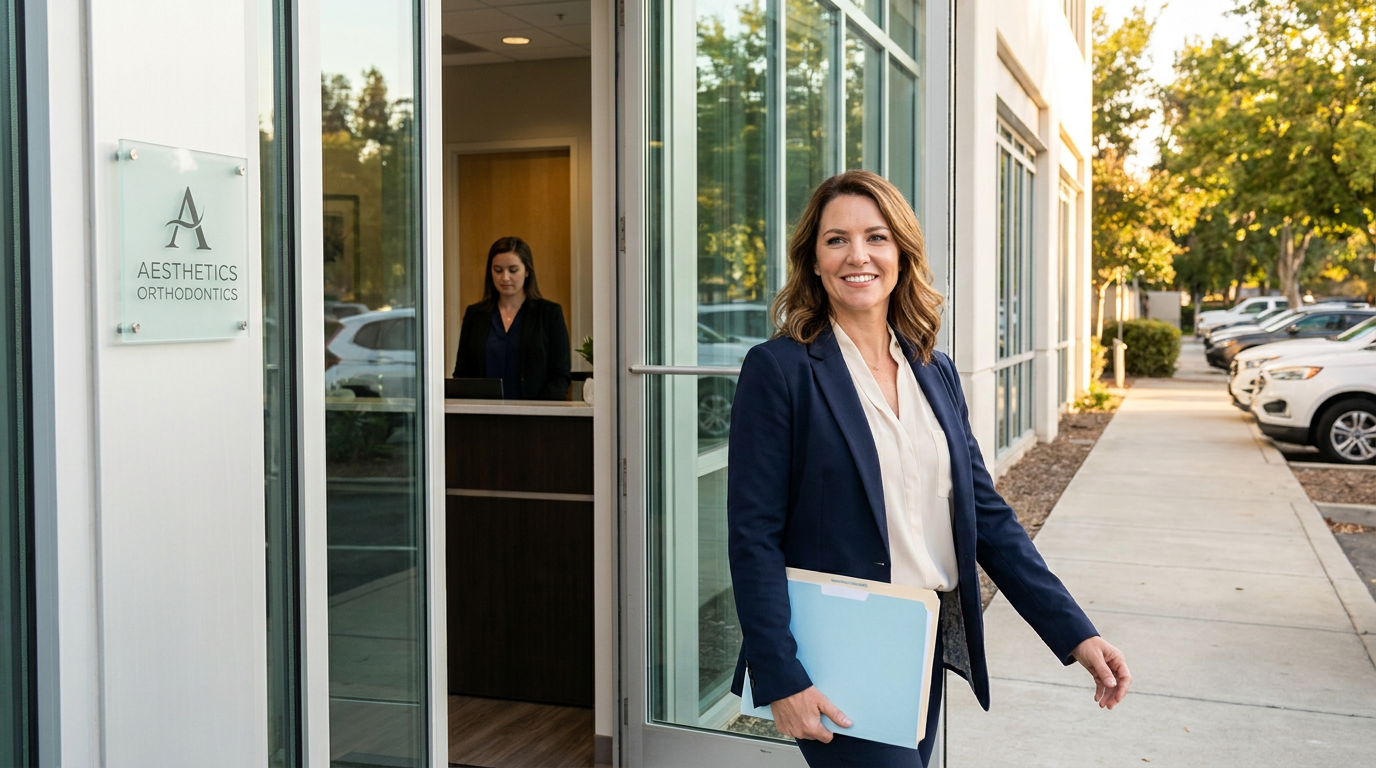 Allison, walks out of a modern, sunlit orthodontic office building, holding a light blue folder.