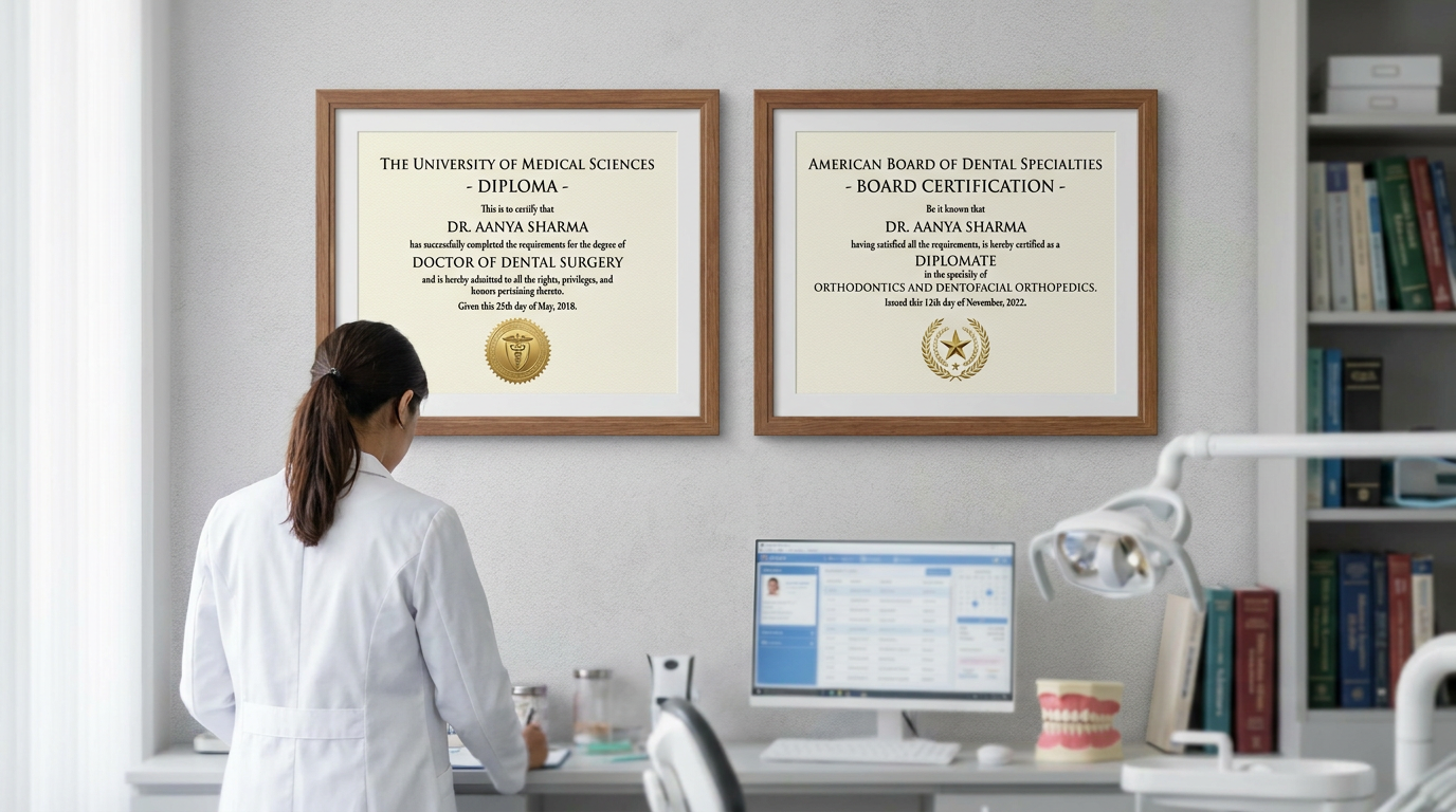 Two framed professional certificates hanging on a light grey wall in a doctor's office, with a subtle out-of-focus background of medical equipment.