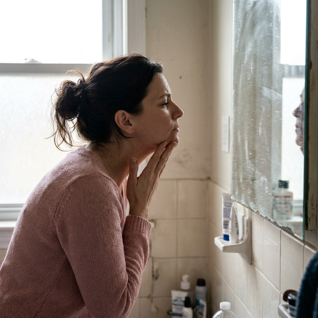 Allison presses fingers to her jawline, evaluating her teeth in a steamy bathroom mirror.