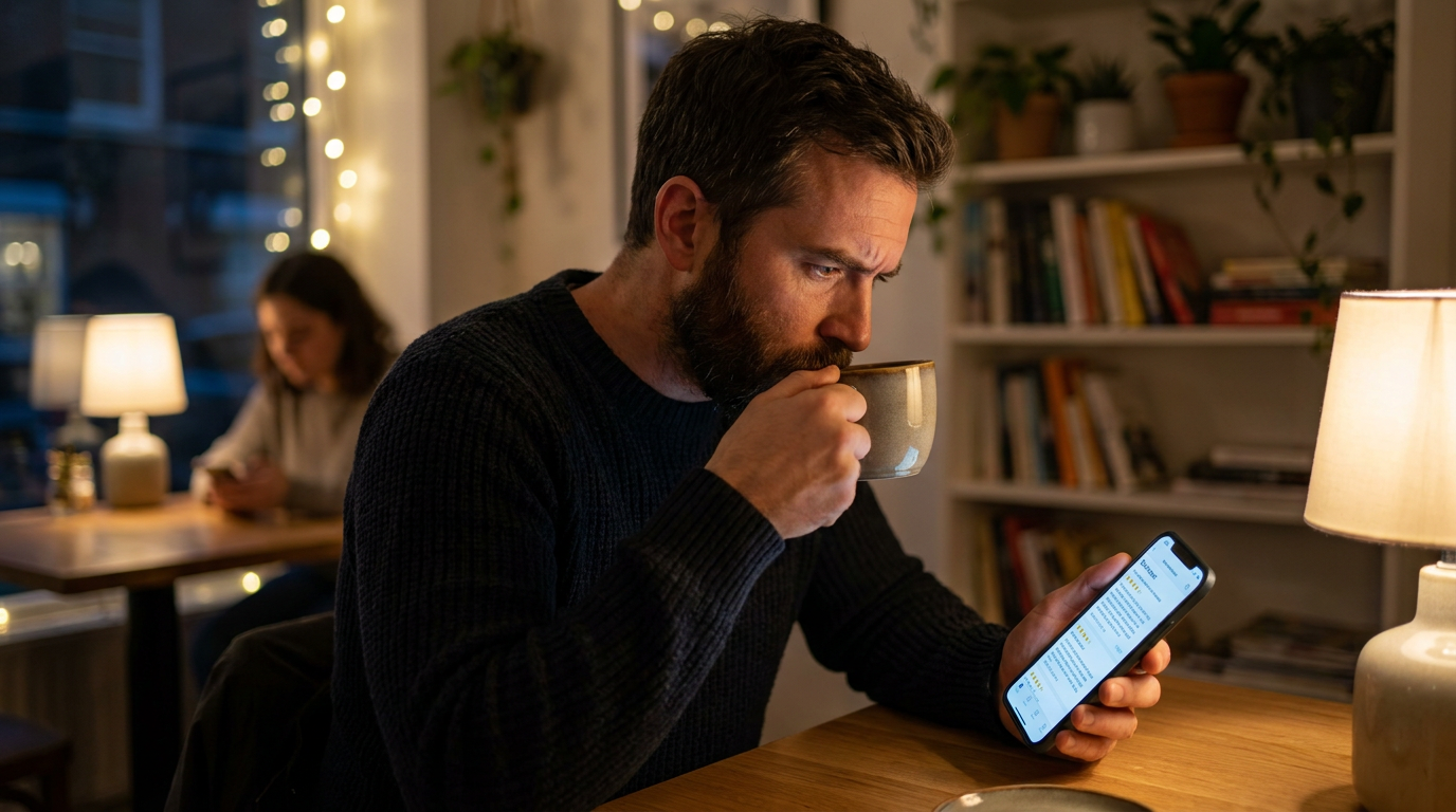 Logan, sips coffee from a mug, thoughtfully looking at his smartphone screen.