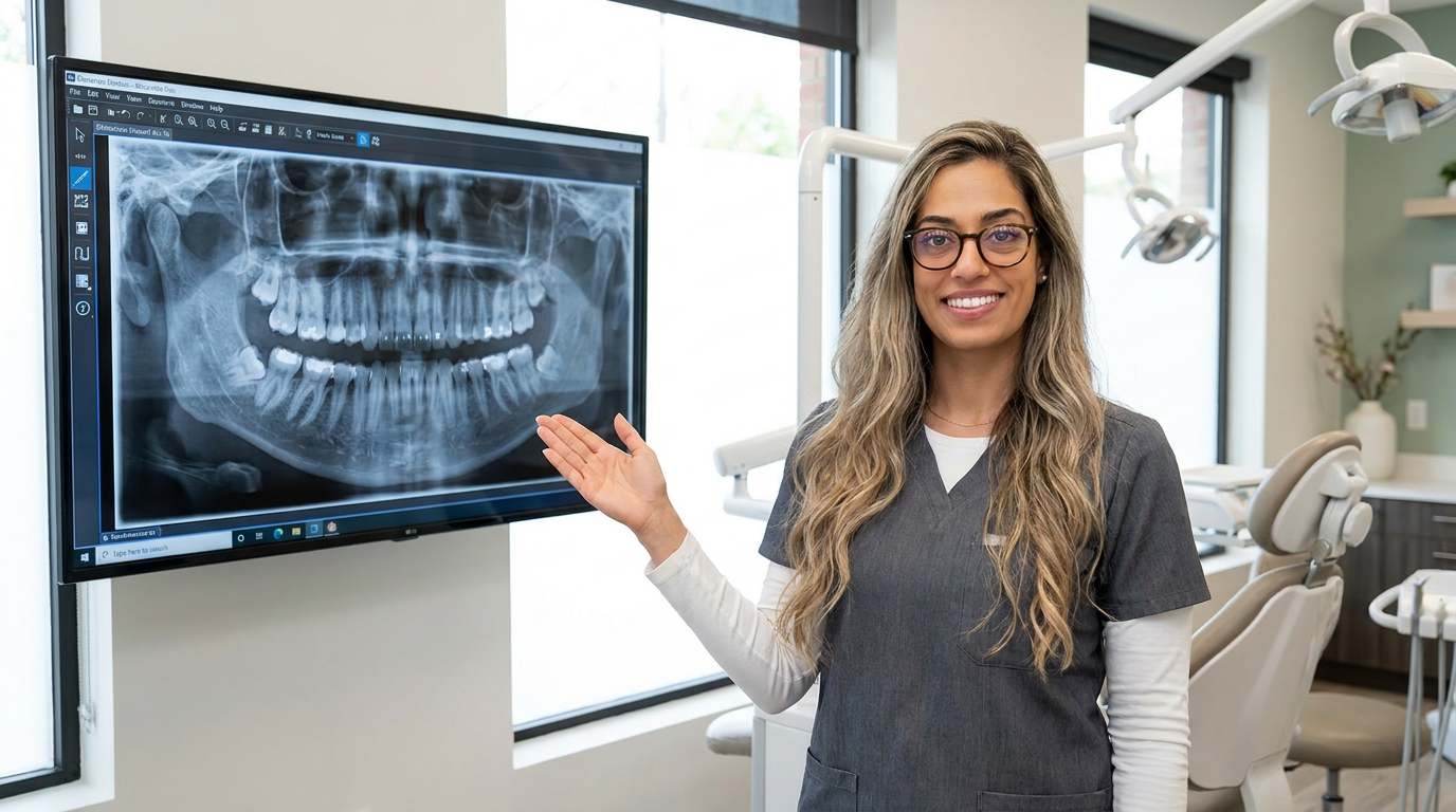 Dr. Sahar Mostafavi, wears a clean, professional grey scrub top over a white long-sleeved shirt.